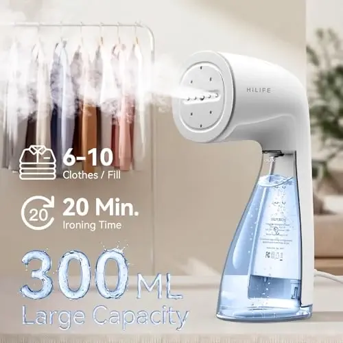 HiLIFE Kiyim Bug'lash Mashinasi, 1100Vt Kiyim Bug'lash Mashinasi, Katta 300ml Tank Yordamida Tez Burishmalarni Yo'qotish, Barcha Matolar Uchun Ideal, Ishlatish Oson, Kompakt va Ko'chma Sayohat Kiyim Bug'lash Mashinasi (oq) - 3