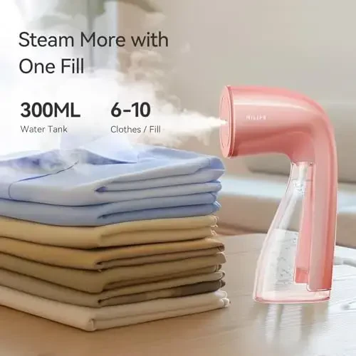 HiLIFE Steamer for Clothes, 1100W Clothes Steamer, Fast Wrinkle Removal with Large 300ml Tank, Ideal for All Fabrics, Easy to Use, Compact and Portable Travel Garment Steamer-Pink - 3