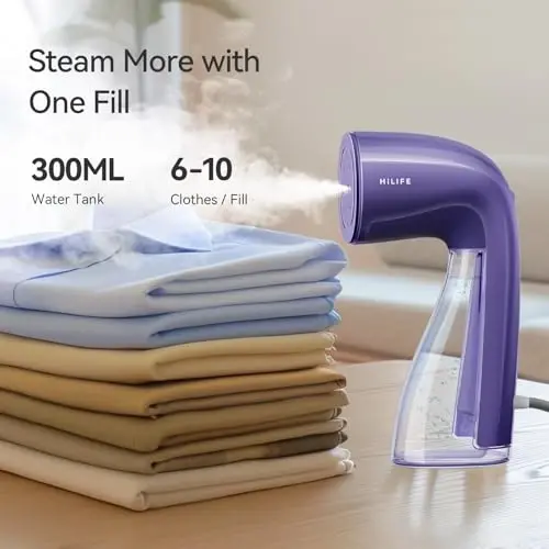 HiLIFE Steamer for Clothes, 1100W Clothes Steamer with Large 300ml Tank, Handheld Clothing Steamer, Fabric Wrinkle Remover, Portable & Compact Travel Size Garment Steamer ONLY FOR 120V (Purple) - 3