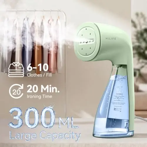 HiLIFE Steamer for Clothes, 1100W Handheld Portable Steamer, 120V Only | 1100W powerful steam, 30S fast heat-up, 300ml tank, leak-proof design for easy wrinkle removal at home or while traveling. - 3