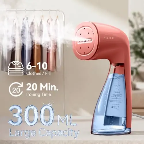 HiLIFE Steamer for Clothes, 1100W Handheld Portable Steamer, 120V Only | 1100W powerful steam, 30S fast heat-up, 300ml tank, leak-proof design for easy wrinkle removal at home or while traveling. - 6
