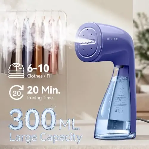 HiLIFE Steamer for Clothes, 1100W Handheld Portable Steamer, 120V Only | 1100W powerful steam, 30S fast heat-up, 300ml tank, leak-proof design for easy wrinkle removal at home or while traveling. - 6