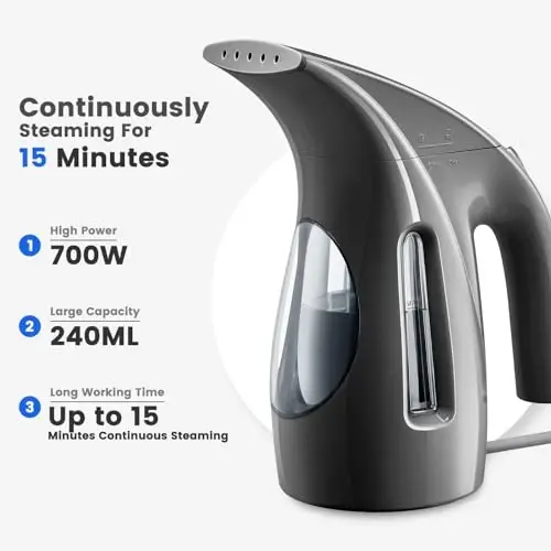 HiLIFE Steamer for Clothes, Portable Handheld Design, 240ml Big Capacity, 700W, Strong Penetrating Steam, Removes Wrinkle, for Home, Office(ONLY FOR 120V)-Black - HILIFE (1)