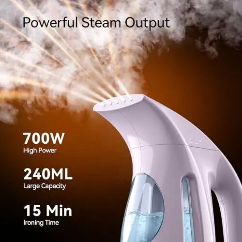 HiLIFE Steamer for Clothes, Portable Handheld Design, 240ml Big Capacity, 700W, Strong Penetrating Steam, Removes Wrinkle, for Home, Office(ONLY FOR 120V)-(Pale Lilac) - 2