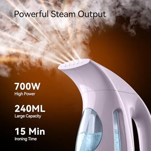 HiLIFE Steamer for Clothes, Portable Handheld Design, 240ml Big Capacity, 700W, Strong Penetrating Steam, Removes Wrinkle, for Home, Office(ONLY FOR 120V)-(Pale Lilac) - 2