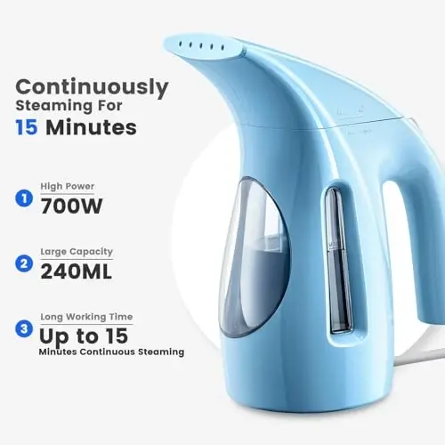HiLIFE Steamer for Clothes, Portable Handheld Design, 240ml Big Capacity, 700W, Strong Penetrating Steam, Removes Wrinkle, for Home, Office(ONLY FOR 120V) (Sky Blue) - 2