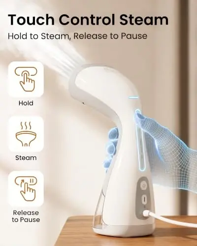 HiLIFE Upgraded 6300Pa Vacuum Steamer for Clothes with Touch-Control Steam | 1875W High Power Clothes Steamer with Suction, 300ml Large Tank, Leak-Free, 9.18ft Cord, 25s Fast Heat-Up, 110-120V Only - 3