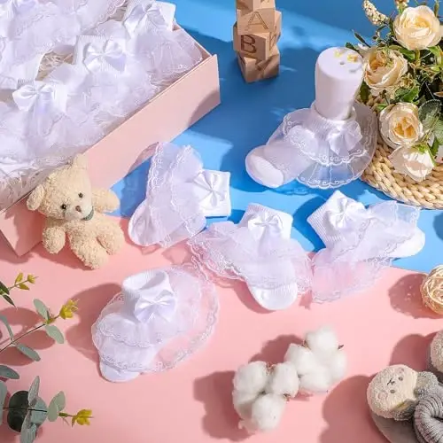 Hillban 9 Pairs Baby Lace Socks Girls' Ruffle Socks for Newborn Infants Princess Frilly Lace Cotton - 4