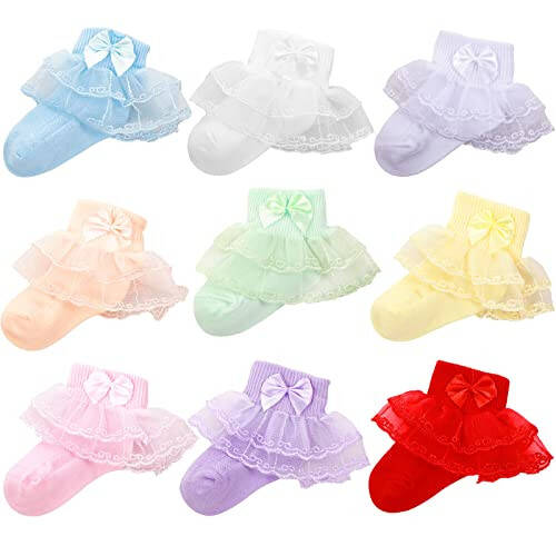 Hillban 9 Pairs Baby Lace Socks Girls' Ruffle Socks Newborn Infants Socks Princess Frilly Socks Lace Cotton Socks for Girls - 8