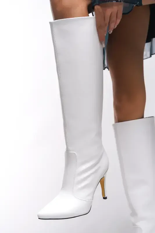 Hilnaril Women's Stiletto Heel Boot 00123000 White Leather-White Leather - 5