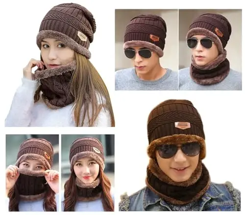 HINDAWI Winter Hat Scarf Gloves Slouchy Beanie Snow Knit Skull Cap Touch Screen Mittens Circle Scarves for Women Men - HINDAWI (1)