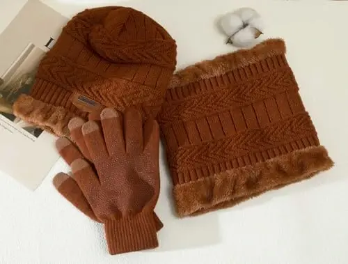 HINDAWI Winter Hat Scarf Gloves Slouchy Beanie Snow Knit Skull Cap Touch Screen Mittens Circle Scarves for Women Men - HINDAWI (1)