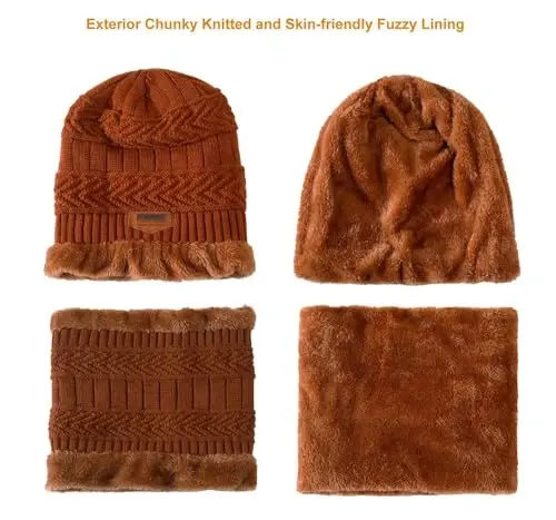 HINDAWI Winter Hat Scarf Gloves Slouchy Beanie Snow Knit Skull Cap Touch Screen Mittens Circle Scarves for Women Men - 3