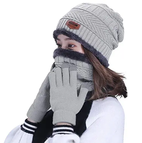 HINDAWI Winter Hat Scarf Gloves Slouchy Beanie Snow Knit Skull Cap Touch Screen Mittens Circle Scarves for Women Men - HINDAWI (1)