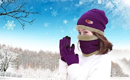 HINDAWI Winter Hat Scarf Gloves Slouchy Beanie Snow Knit Skull Cap Touch Screen Mittens Circle Scarves for Women Men - 6