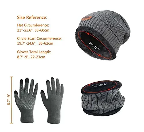 HINDAWI Qishki shapka sharf qo'lqoplar Slouchy Beanie Qor Trikotaj Bosh suyagi qopqog'i Sensorli ekranli qo'lqoplar Ayollar va erkaklar uchun doira sharflari - 6