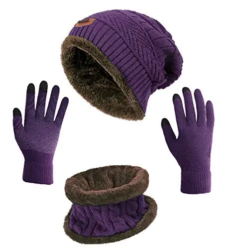 HINDAWI Winter Hat Scarf Gloves Slouchy Beanie Snow Knit Skull Cap Touch Screen Mittens Circle Scarves for Women Men - HINDAWI