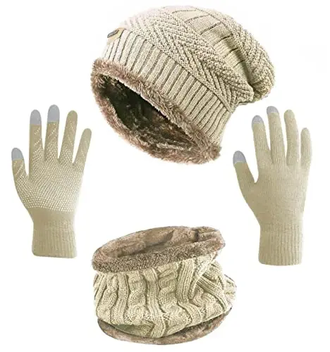 HINDAWI Winter Hat Scarf Gloves Slouchy Beanie Snow Knit Skull Cap Touch Screen Mittens Circle Scarves for Women Men 