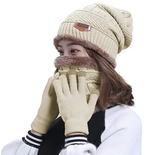 HINDAWI Winter Hat Scarf Gloves Slouchy Beanie Snow Knit Skull Cap Touch Screen Mittens Circle Scarves for Women Men - 2