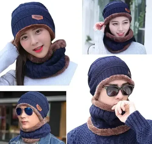 HINDAWI Winter Hat Scarf Gloves Slouchy Beanie Snow Knit Skull Cap Touch Screen Mittens Circle Scarves for Women Men - HINDAWI (1)