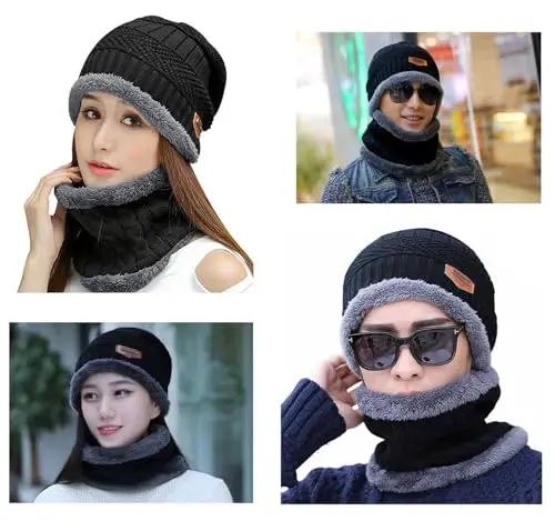 HINDAWI Winter Hat Scarf Gloves Slouchy Beanie Snow Knit Skull Cap Touch Screen Mittens Circle Scarves for Women Men - HINDAWI (1)