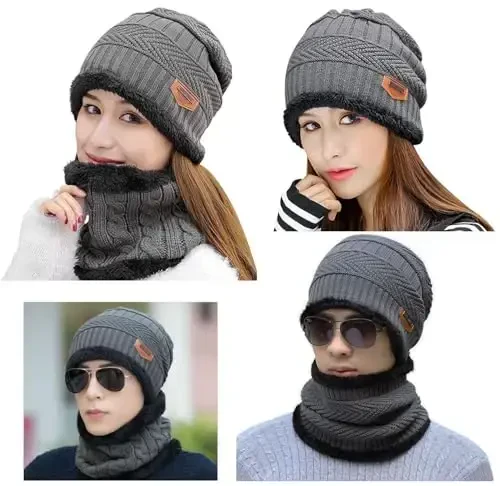 HINDAWI Winter Hat Scarf Gloves Slouchy Beanie Snow Knit Skull Cap Touch Screen Mittens Circle Scarves for Women Men - 2