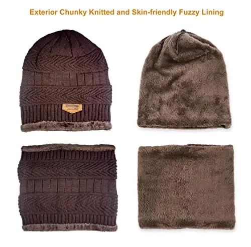 HINDAWI Winter Hat Scarf Gloves Slouchy Beanie Snow Knit Skull Cap Touch Screen Mittens Circle Scarves for Women Men - 3
