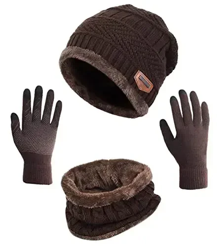 HINDAWI Winter Hat Scarf Gloves Slouchy Beanie Snow Knit Skull Cap Touch Screen Mittens Circle Scarves for Women Men - 1