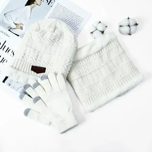 HINDAWI Winter Hat Scarf Gloves Slouchy Beanie Snow Knit Skull Cap Touch Screen Mittens Circle Scarves for Women Men - 3