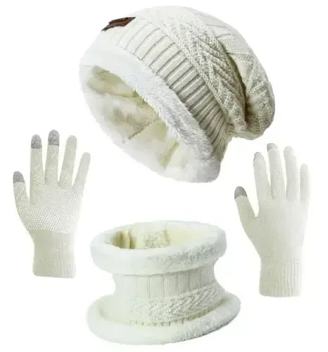 HINDAWI Winter Hat Scarf Gloves Slouchy Beanie Snow Knit Skull Cap Touch Screen Mittens Circle Scarves for Women Men 