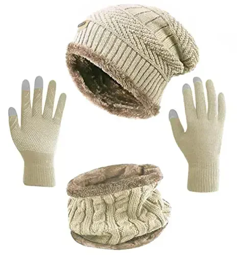 HINDAWI Winter Hat Scarf Gloves Slouchy Beanie Snow Knit Skull Cap Touch Screen Mittens Circle Scarves for Women Men 