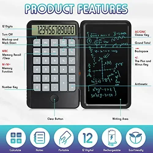 Hion Calculator, 12-Digit Large Display Office Desk Calcultors with Erasable Writing Table, Rechargeable Hand held Multi-Function Mute Pocket Desktop Calculator for Basic Financial Home School, Black - 3