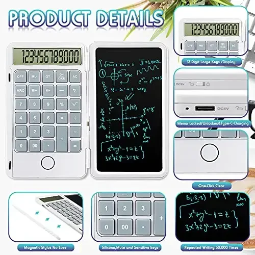 Hion Calculator, 12-Digit Large Display Office Desk Calcultors with Erasable Writing Table, Rechargeable Hand held Multi-Function Mute Pocket Desktop Calculator for Basic Financial Home School (White) - 2