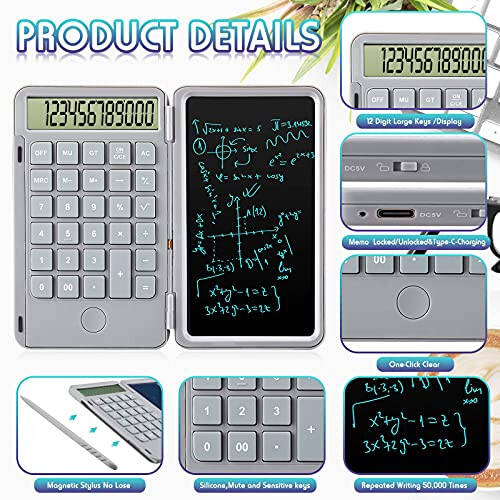 Hion Calculator,12-Digit Large Display Office Desk Calcultors with Erasable Writing Table,Rechargeable Hand held Multi-Function Mute Pocket Desktop Calculator for Basic Financial Home School (Grey) - 2