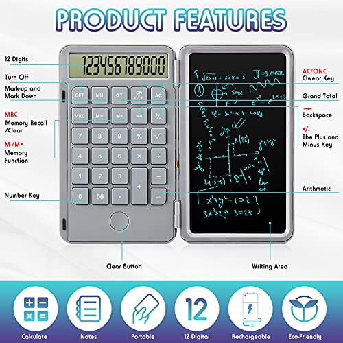 Hion Calculator,12-Digit Large Display Office Desk Calcultors with Erasable Writing Table,Rechargeable Hand held Multi-Function Mute Pocket Desktop Calculator for Basic Financial Home School (Grey) - 3