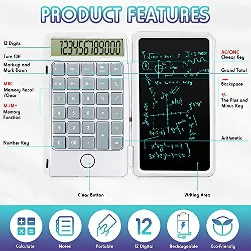 Hion Calculator,12-Digit Large Display Office Desk Calcultors with Erasable Writing Table,Rechargeable Hand held Multi-Function Mute Pocket Desktop Calculator for Basic Financial Home School (White) - 3