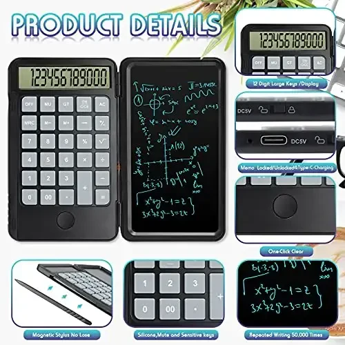 Hion Calculator,12-Digit Large Display Office Desk Calcultors with Erasable Writing Table,Rechargeable Hand held Multi-Function Mute Pocket Desktop Calculator for Basic Financial Home School,Black - 2