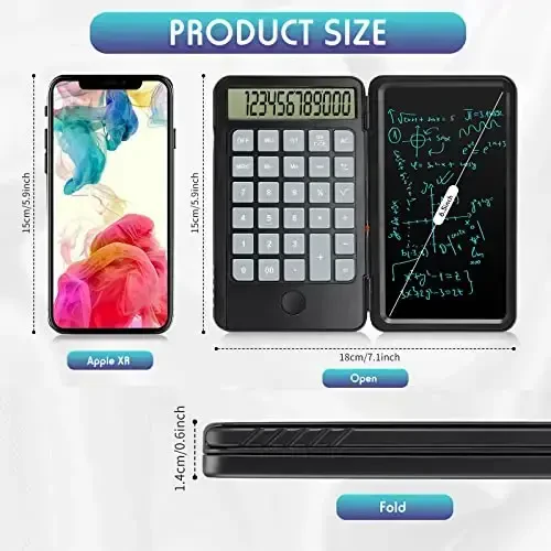 Hion Calculators,12-Digit Large Display Rechargeable Pocket Office Desktop Calculator with Erasable Wiriting Tablet,Mute Basic Desk Calculators with Doodle Pad for Student Home School,Black - 3