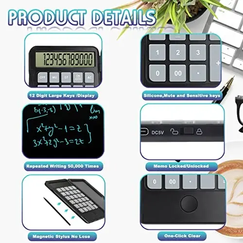 Hion Calculators,12-Digit Large Display Rechargeable Pocket Office Desktop Calculator with Erasable Wiriting Tablet,Mute Basic Desk Calculators with Doodle Pad for Student Home School,Black - HION (1)