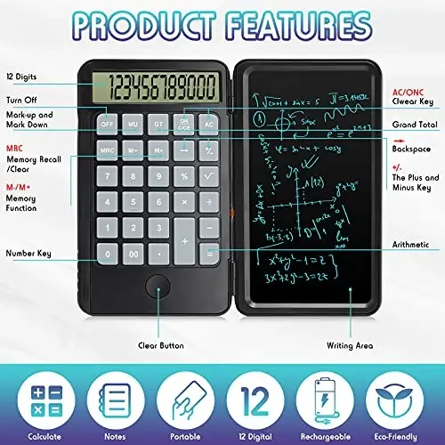Hion Calculators,12-Digit Large Display Rechargeable Pocket Office Desktop Calculator with Erasable Wiriting Tablet,Mute Basic Desk Calculators with Doodle Pad for Student Home School,Black - 4