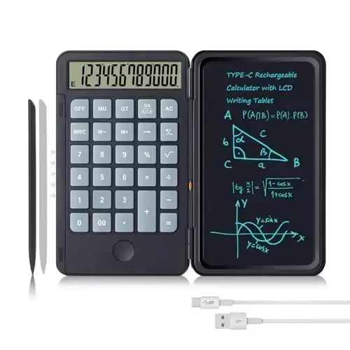 Hion Calculators,12-Digit Large Display Rechargeable Pocket Office Desktop Calculator with Erasable Wiriting Tablet,Mute Basic Desk Calculators with Doodle Pad for Student Home School,Black - HION