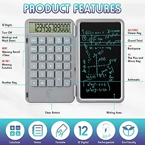 Hion Calculator,12-Digit Large Display Office Desk Calcultors with Erasable Writing Table,Rechargeable Hand held Multi-Function Mute Pocket Desktop Calculator for Basic Financial Home School (Grey) - HION