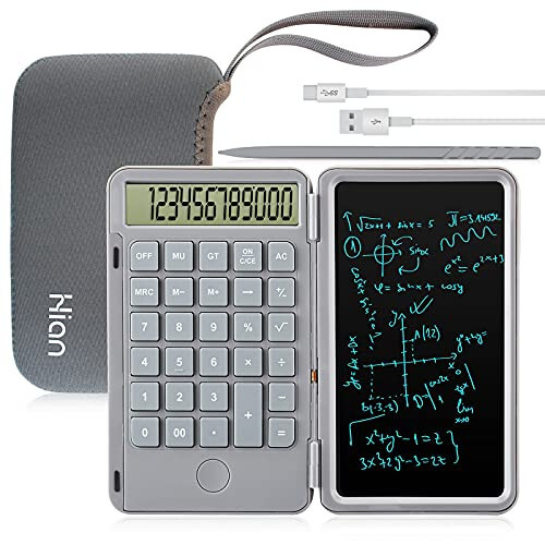 Hion Calculator,12-Digit Large Display Office Desk Calcultors with Erasable Writing Table,Rechargeable Hand held Multi-Function Mute Pocket Desktop Calculator for Basic Financial Home School (Grey) - HION