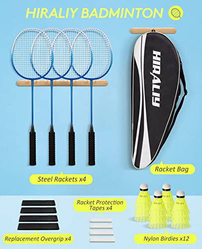 HIRALIY Badminton Rackets Set of 4 for Outdoor Backyard Games, Including 4 Rackets, 12 Nylon Shuttlecocks, 4 Replacement Grip Tapes and 1 Carrying Bag - 7