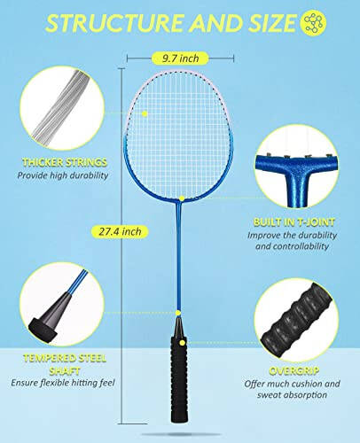 HIRALIY Badminton Rackets Set of 4 for Outdoor Backyard Games, Including 4 Rackets, 12 Nylon Shuttlecocks, 4 Replacement Grip Tapes and 1 Carrying Bag - 8