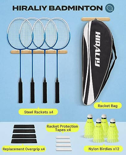 HIRALIY Badminton Rackets Set of 4 for Outdoor Backyard Games, Including 4 Rackets, 12 Nylon Shuttlecocks, 4 Replacement Grip Tapes and 1 Carrying Bag - 3