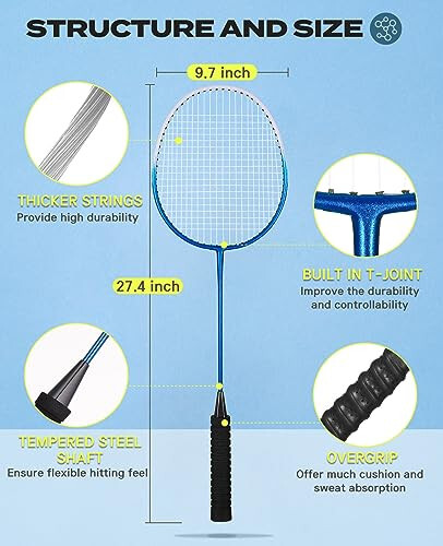 HIRALIY Badminton Rackets Set of 4 for Outdoor Backyard Games, Including 4 Rackets, 12 Nylon Shuttlecocks, 4 Replacement Grip Tapes and 1 Carrying Bag - 4