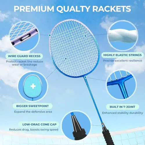 HIRALIY Badminton Rackets Set of 4 for Outdoor Backyard Games, Including 4 Rackets, 12 Nylon Shuttlecocks, 4 Replacement Grip Tapes and 1 Carrying Bag - 2