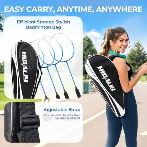 HIRALIY Badminton Rackets Set of 4 for Outdoor Backyard Games, Including 4 Rackets, 12 Nylon Shuttlecocks, 4 Replacement Grip Tapes and 1 Carrying Bag - 6