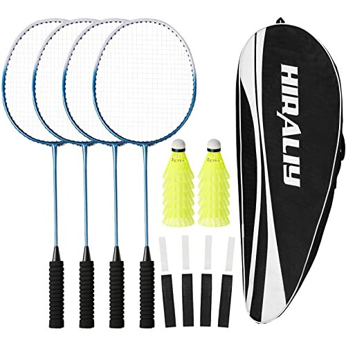 HIRALIY Badminton raketlari to'plami, ochiq havoda orqa hovli o'yinlari uchun, 4 ta raketka, 12 ta nilon volan, 4 ta almashtirish tutqichi lentalari va 1 ta tashish sumkasi bilan - 1